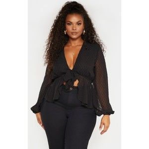 Pretty Little Thing Sheer Top Plus Size 16 XL Dobby Mesh Front Tie Blouse